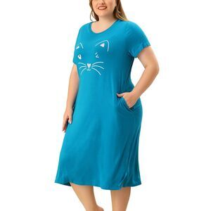 Women's Plus Size Nightgown Pajamas Pockets Cute Cat Sleepwear Peacock Blue